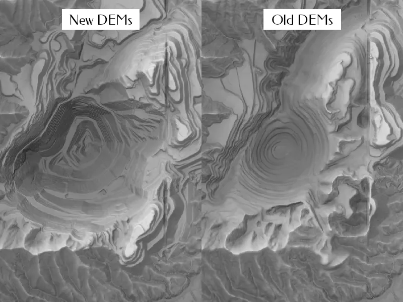A side-by-side comparison of hillshades around the Kennecott copper mine