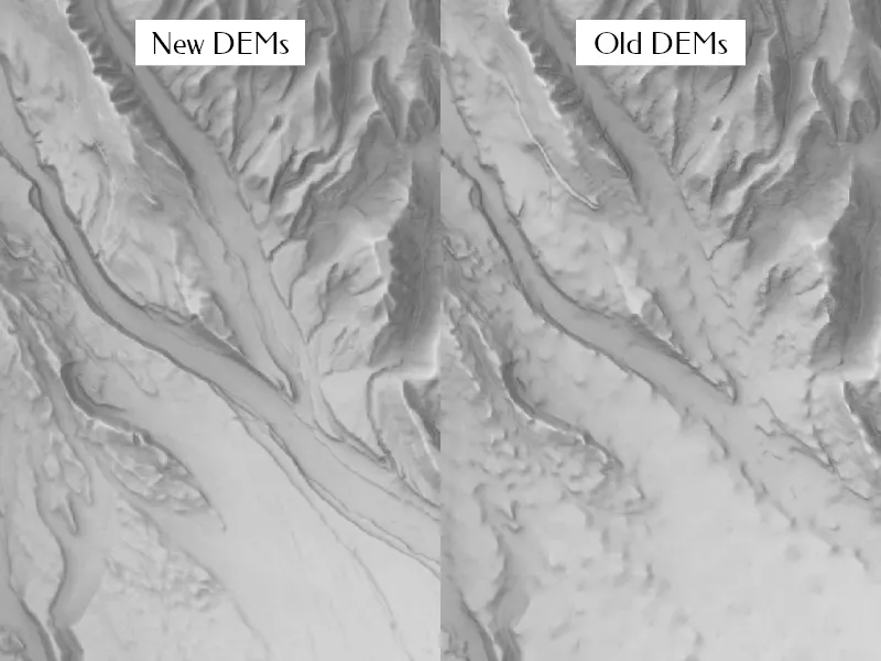 A side-by-side comparison of hillshades of the Uintah River on the south slopes of the Uintah Mountains